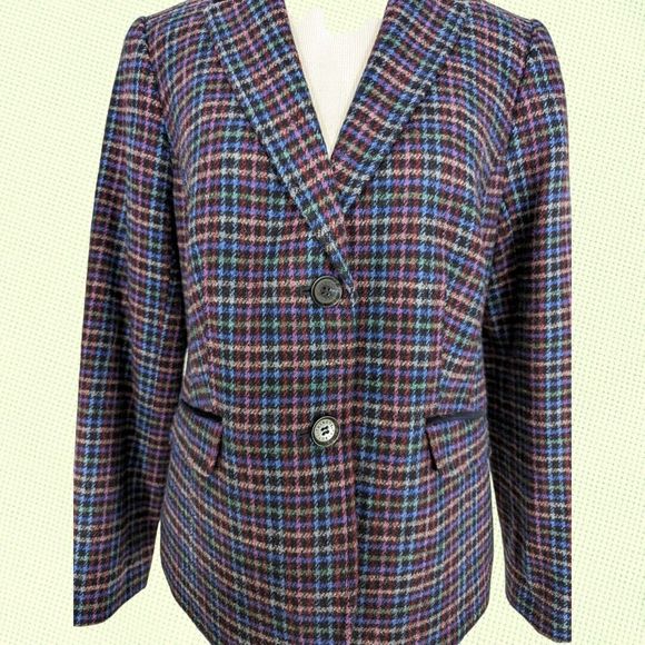 Talbots Petite Mistletoe‎ Plaid Two Button Blazer 8P Multicolor Shetland Wool - Picture 4 of 7